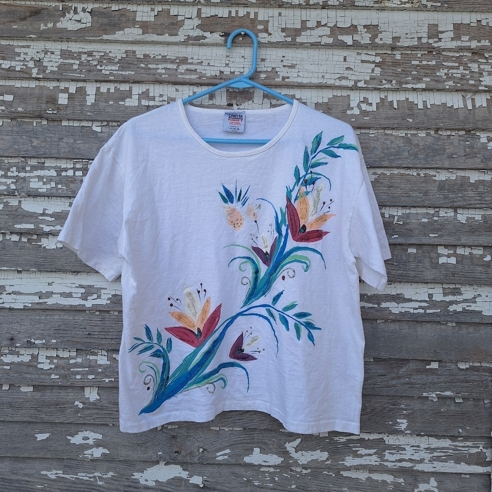 Oneita Power-T White Shirt Vintage Painted Design Size xl